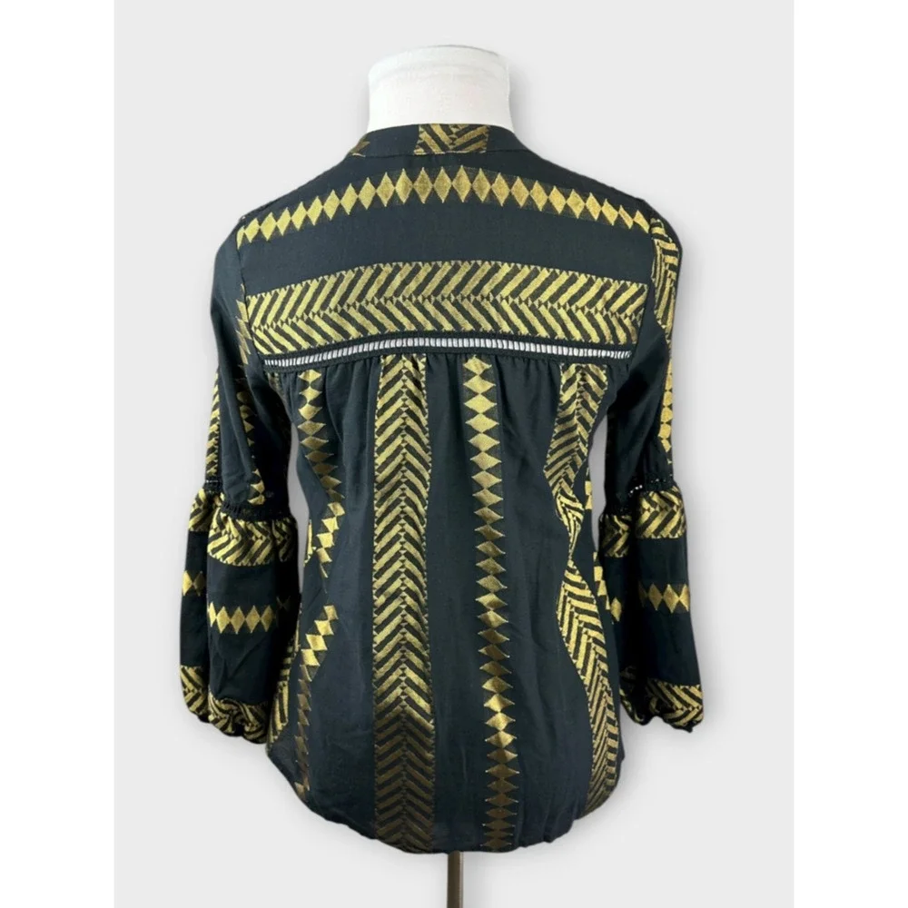 Kasia Blouse Black & Gold Balloon Sleeve Boho Geometric Babydoll Top Size Small - Picture 10 of 13